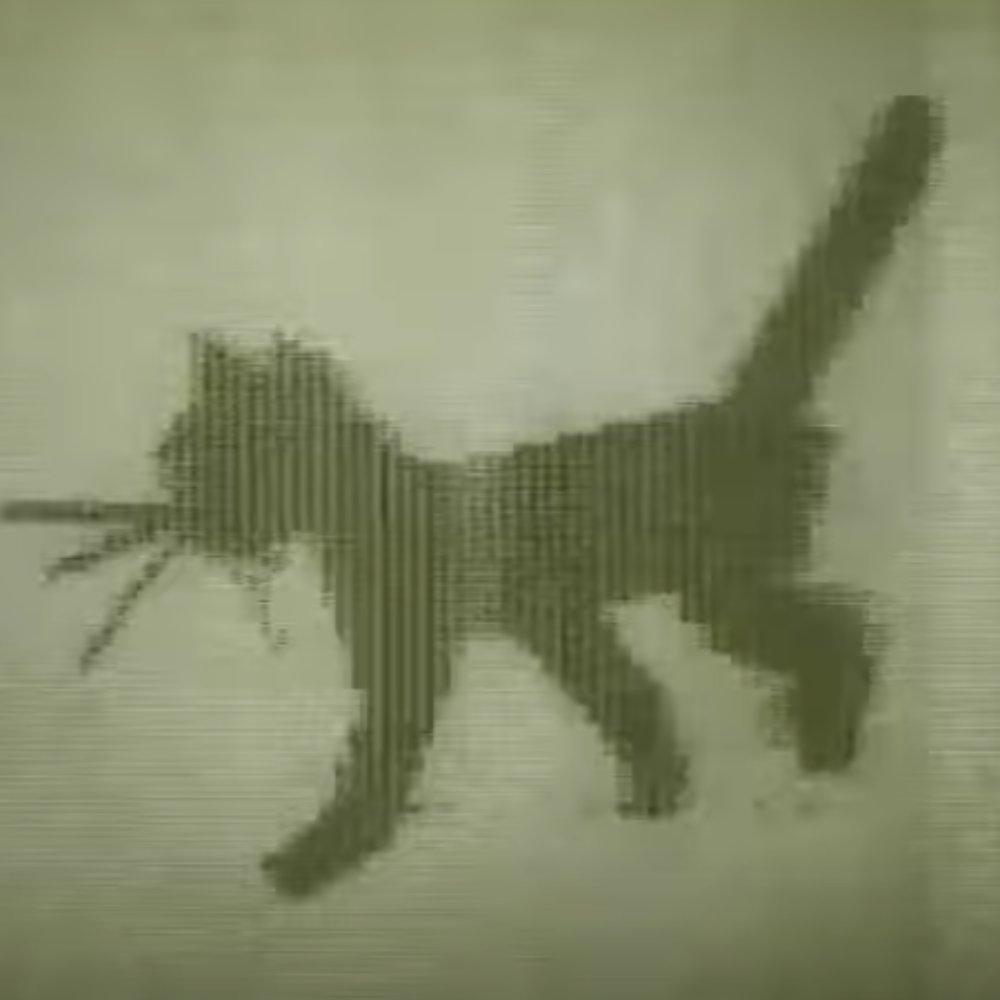 Original 1968 KITTY, a dark computer-printed cat walking on faded green film