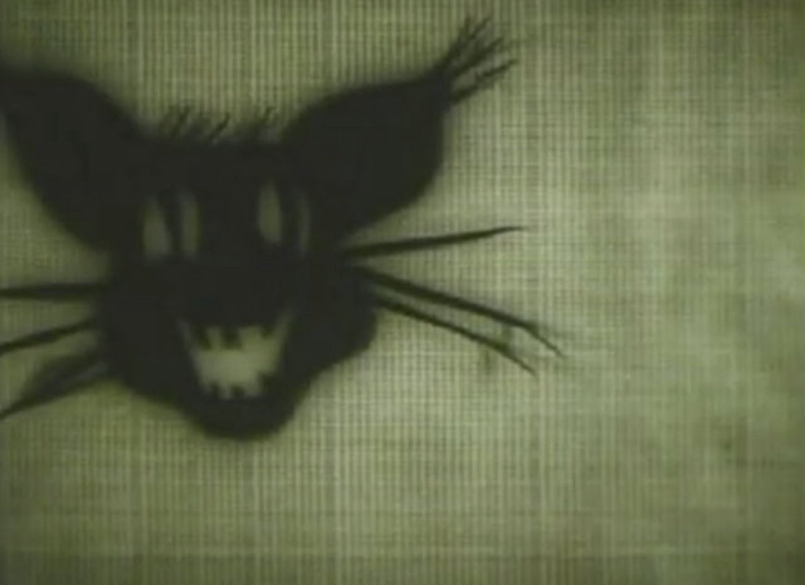 Close-up of KITTY's dark face with pale eyes, whiskers and a toothy grin